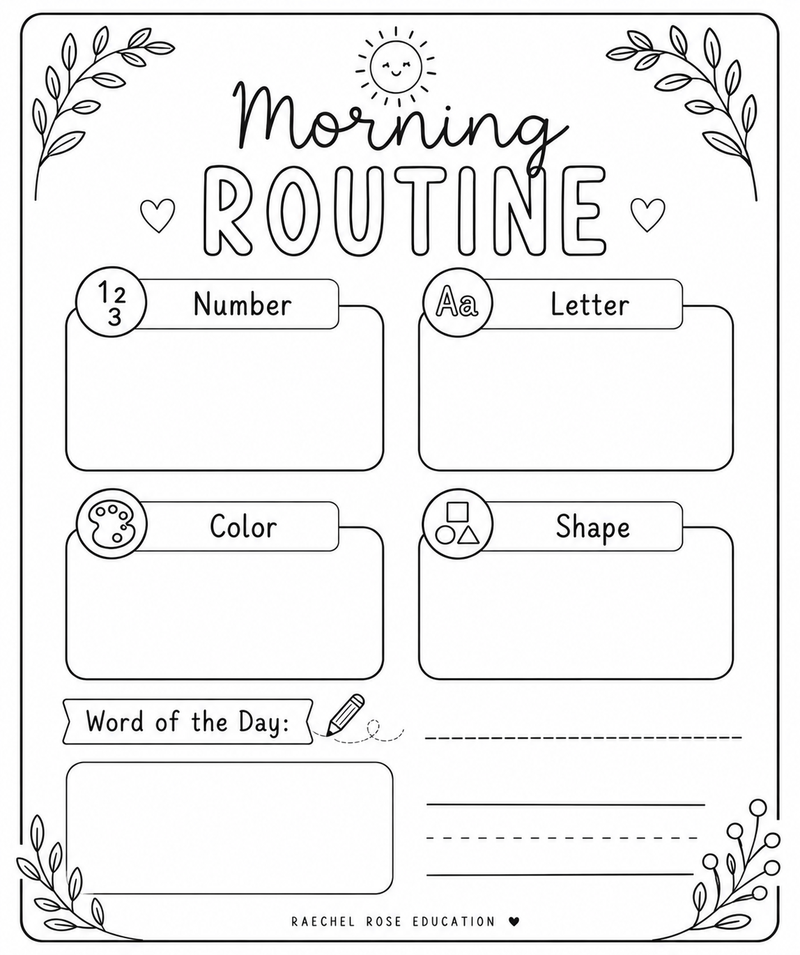 morning routine. color, shape, letter, number and word of the day