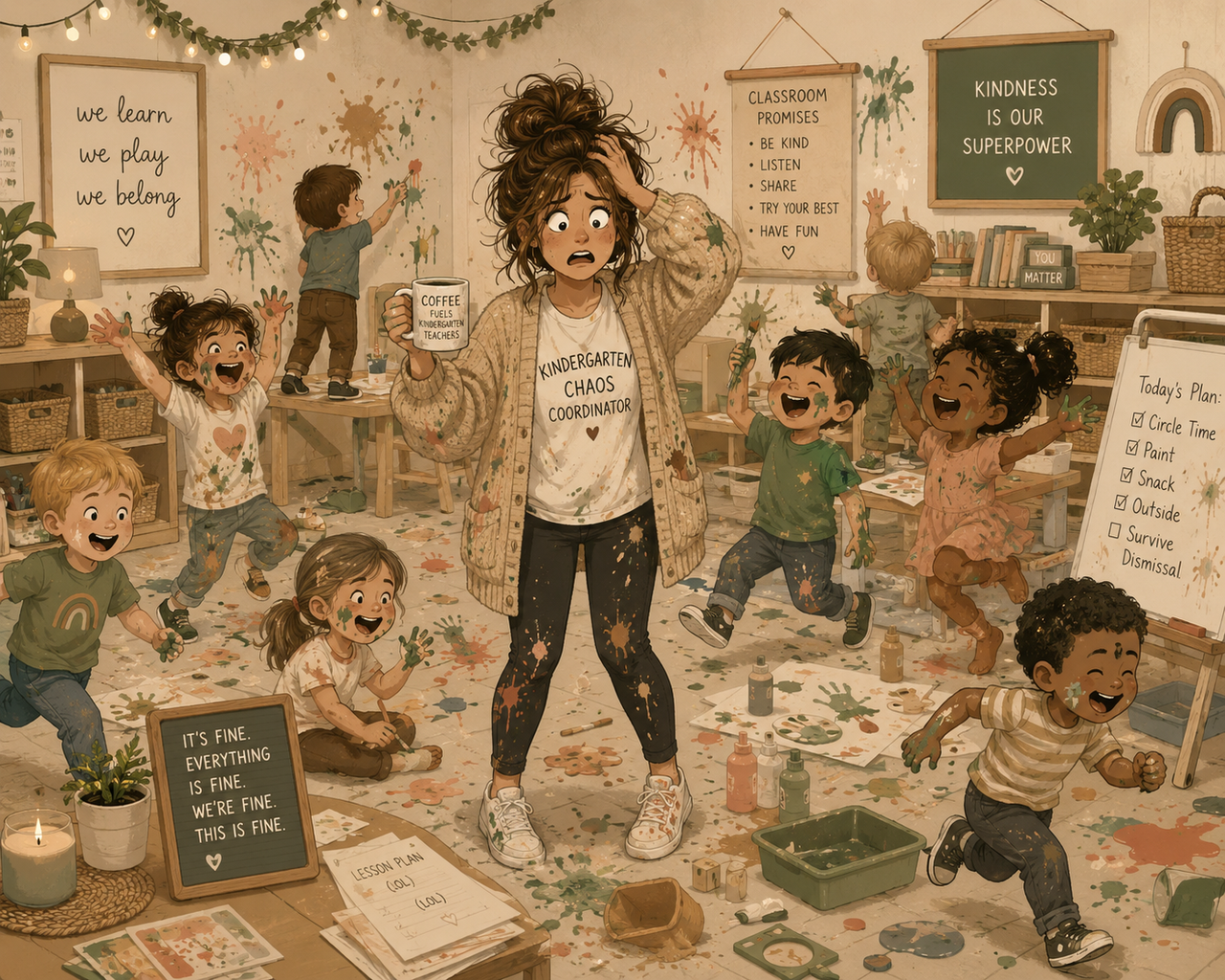 a kindergarten teacher in the middle of a classroom while students are running around her and getting paint everywhere