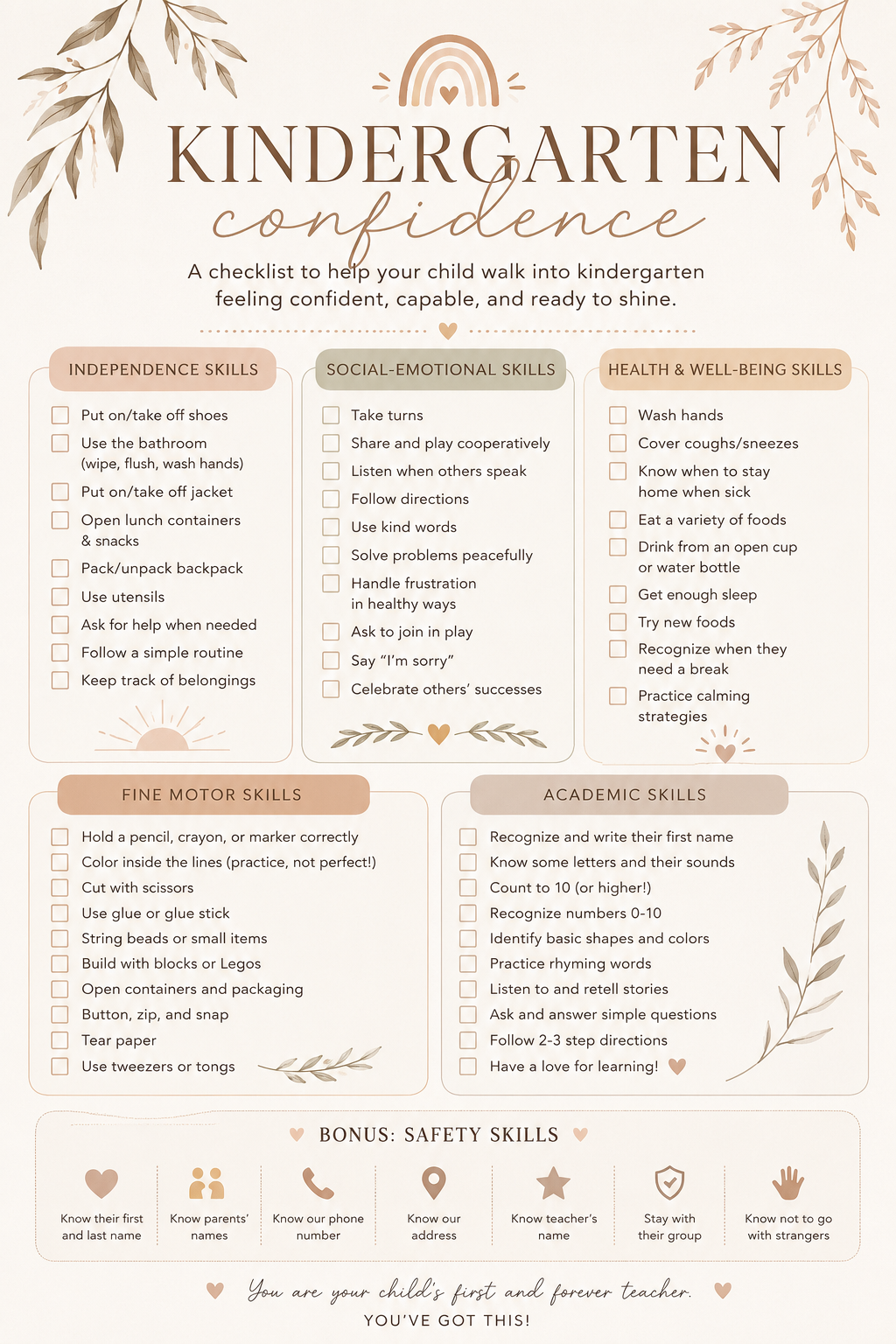 a list of skills to prepare a child for kindergarten