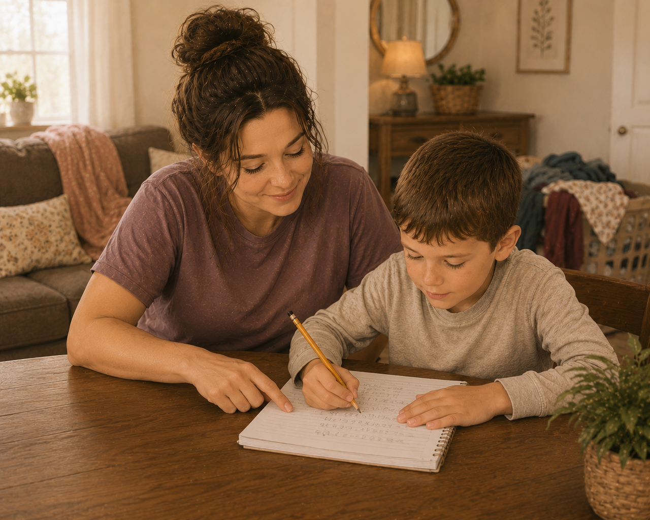 Mother and boy doing homework at the kitchen table