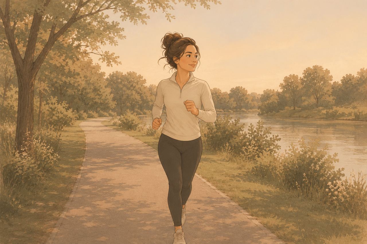 a beautiful woman running beside a river